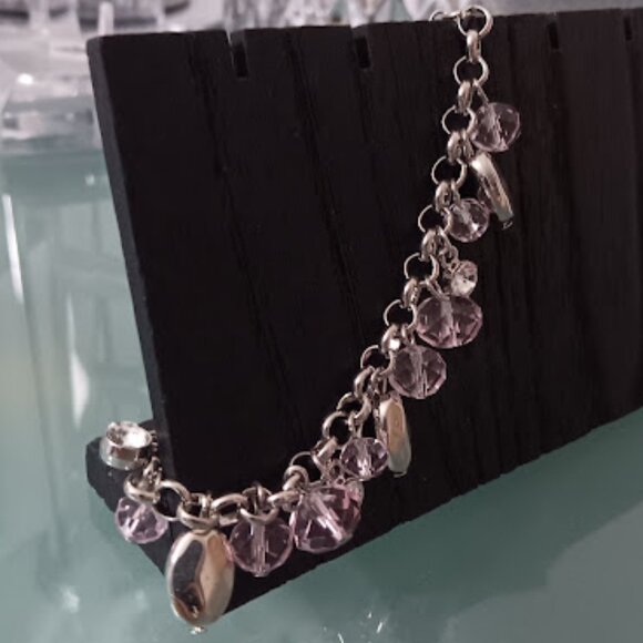 DESIGNER Mod/Contemporary Silver Pale Pink Clear Crystal Charm Rolo Bracelet - Picture 4 of 5